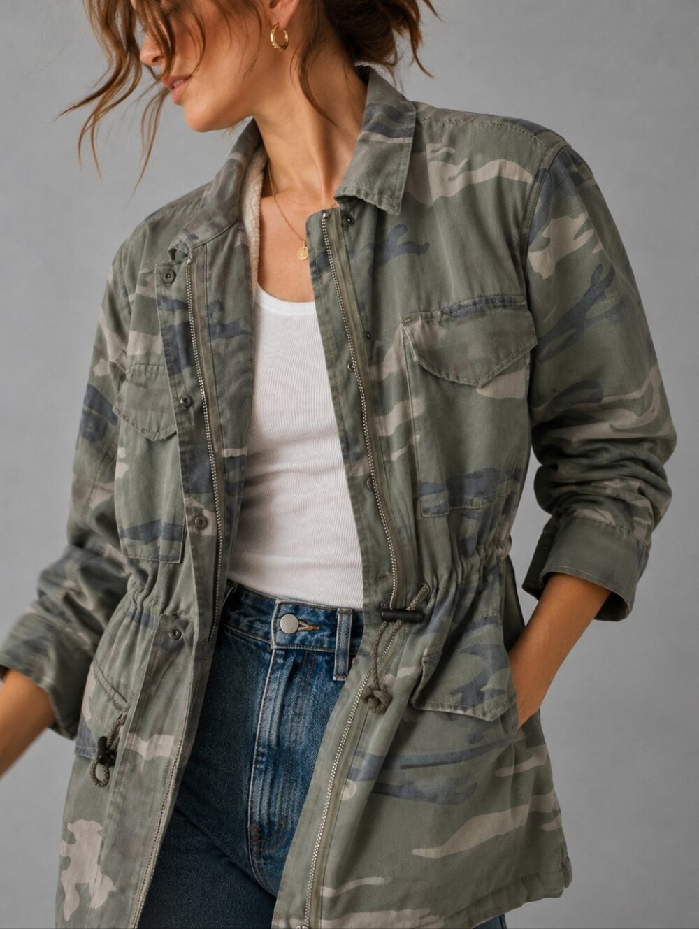 Rails Whitaker Sage Camo Faux Fur Lined Military Utility Jacket Womens Size XS